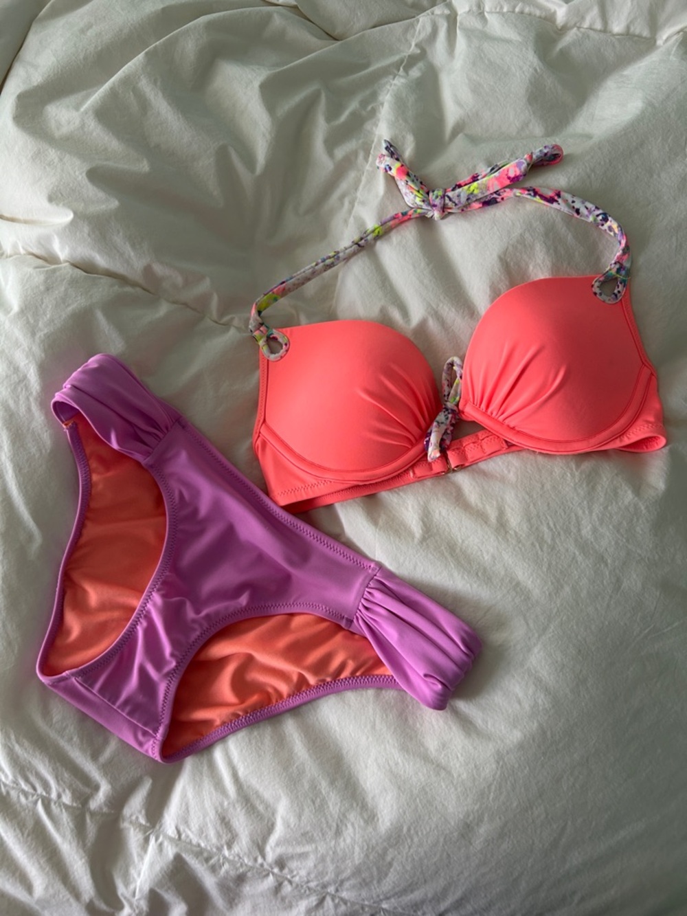 Victoria's Secret Neon Coral Push-Up Bikini Top & Lilac Bikini Bottoms